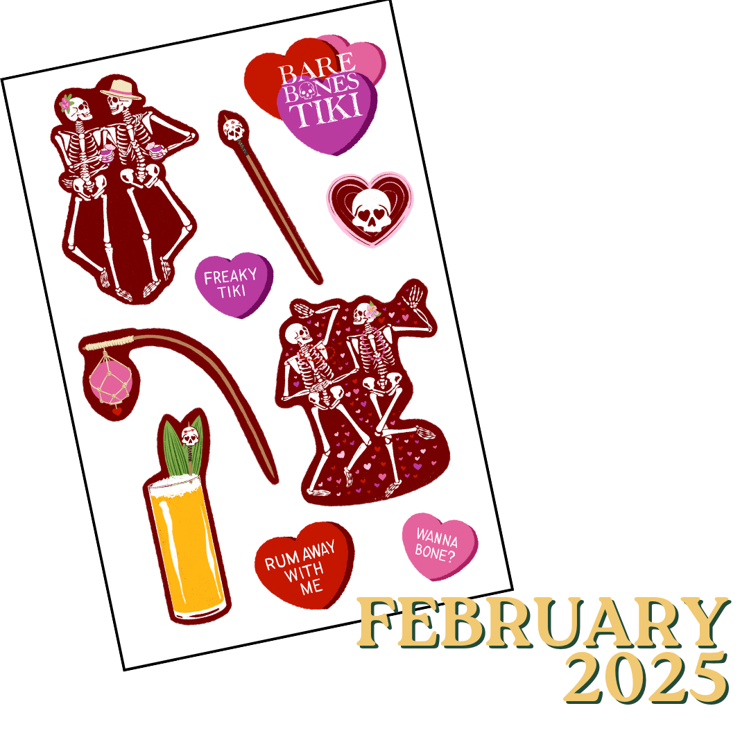 Bare Bones Tiki Sticker of the Month Club February 2025 Stickers
